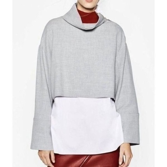 Zara Trafaluc Zip Shoulder Layered Top Mock Neck Gray White Size Small - Picture 2 of 11